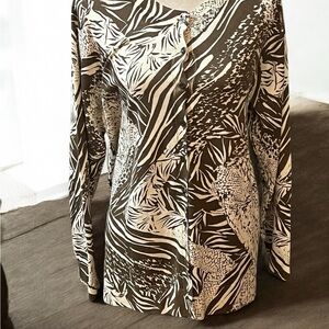 Madison Asymmetrical Brown and Beige Long Sleeve Blouse Made of a Silk Blend